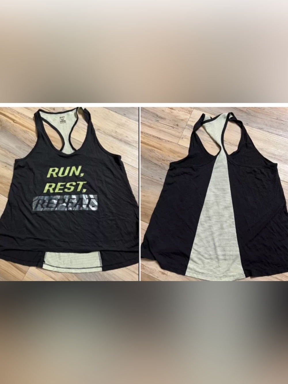 Black & Green Drape Back Tank Top - RUN-REST-REPEAT -Juniors Sz Large - By Soffe
